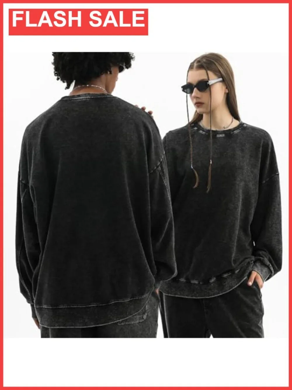 Oversized Acid Wash Crewneck Sweatshirt Cotton Blend Distressed Pullover